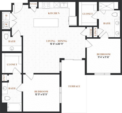 Floor plan for 2 beds, 2.5 baths, 1242 sqft